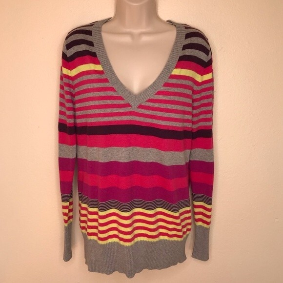 Old Navy Multicolor Stripe Deep V Neck Long Sleeve Sweater Women Size Large - Picture 11 of 11
